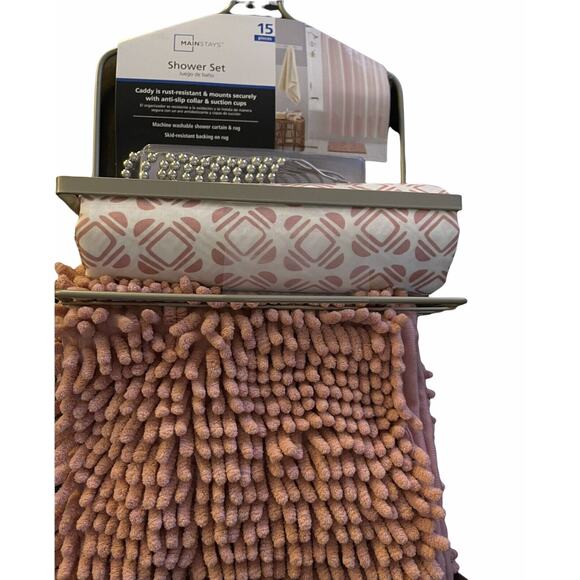 Mainstays Shower Set Caddy 15pc Rug Pink Curtain Rug Hooks Bathroom Accessories - Picture 4 of 10